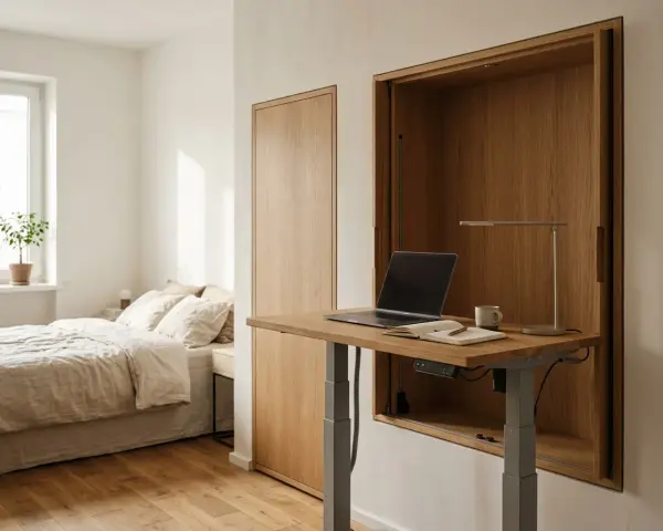 Minimalistyczne biurko inspiracje w sypialni. Drewniana wnęka skrywa regulowany blat z laptopem, lampką i notatnikiem. Obok łóżko i szafa.