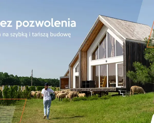 Nowy dom bez pozwolenia 100m2. Szybka i tańsza budowa. Stado owiec na zielonej łące.