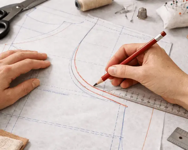 Main tenant une règle et un crayon pour comment agrandir un patron de couture. Des ciseaux, du fil et des épingles sont visibles.