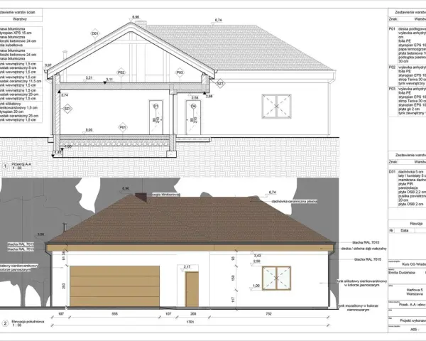 Projekt elewacji domu z detalami warstw ścian, podłóg i dachu. Program do wizualizacji elewacji pozwala zobaczyć detale.