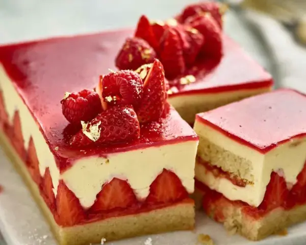 Deliziosa torta di fragole con strati di crema, fragole fresche e gelatina rossa, guarnita con frutti di bosco e foglia d'oro.