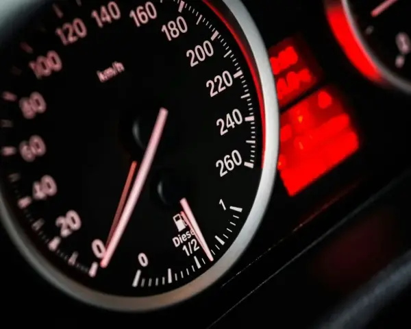 Kontrolka DTC P0500 Opel świeci się na desce rozdzielczej. Prędkościomierz pokazuje 0 km/h, a wskaźnik paliwa jest na 1/2.