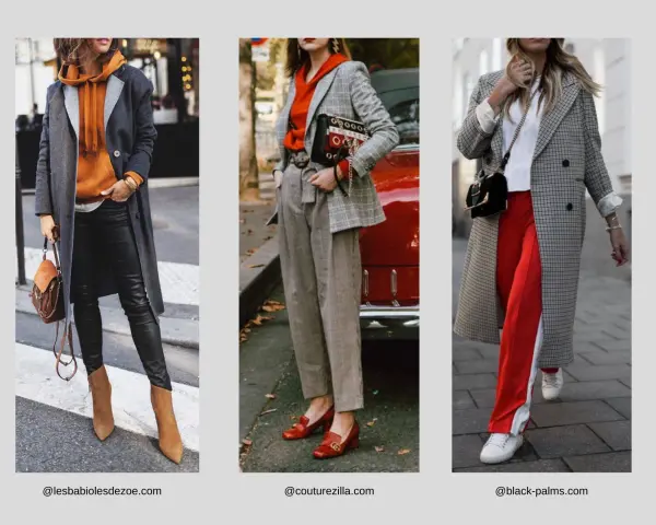 Drei Outfits im Athleisure Style: Mantel über Hoodie, karierter Blazer mit Hose und karierter Mantel mit roten Hosen.