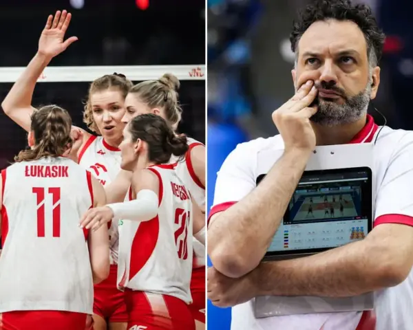 Siatkarki w biało-czerwonych strojach świętują, a trener analizuje grę na tablecie. Reprezentacja kobiet w siatkówce w akcji.