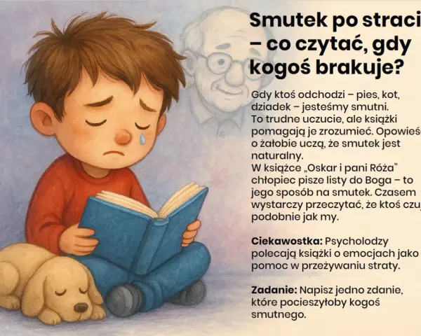 Chłopiec z pieskiem czyta książkę, smutny. Obok unosi się duch dziadka. To o tym, jak biblioterapia pomaga zrozumieć smutek po stracie.