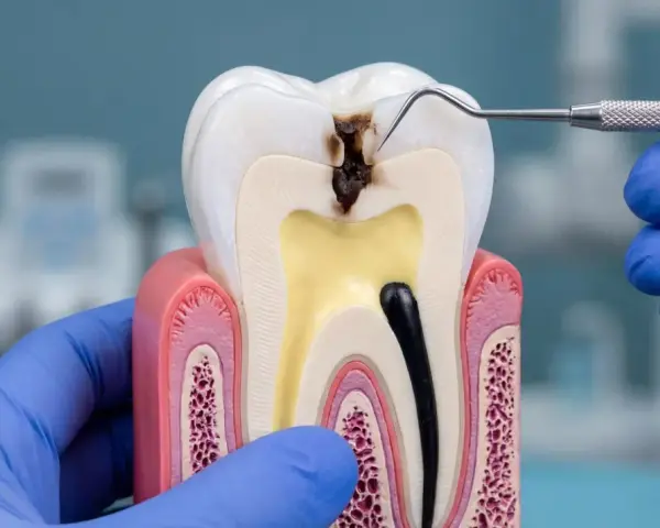 Model zęba pokazuje zaawansowaną próchnicę, która dotarła do miazgi. Dentysta w niebieskiej rękawiczce bada ubytek.