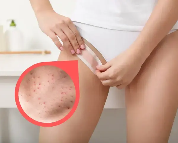 Zbliżenie na skórę z widocznymi krostkami po goleniu. Kobieta poprawia bieliznę, ukazując problem.