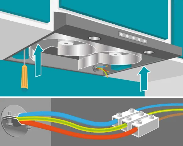 Instalar tubo campana extractora: conexión de cables eléctricos y montaje de la campana.