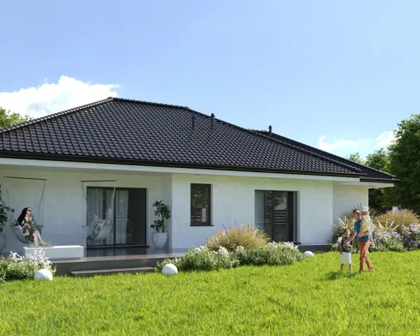 Rodzina cieszy się ogrodem przy nowoczesnym domu. Zastanawiasz się, ile kosztuje wybudowanie domu 120m2?