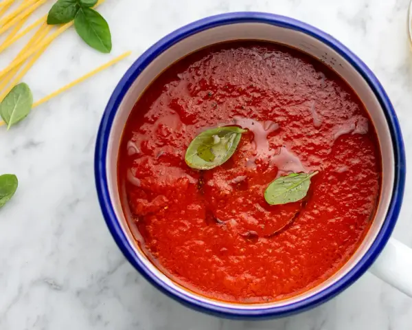 Sugo con pomodorini freschi, basilico e spaghetti crudi su marmo.