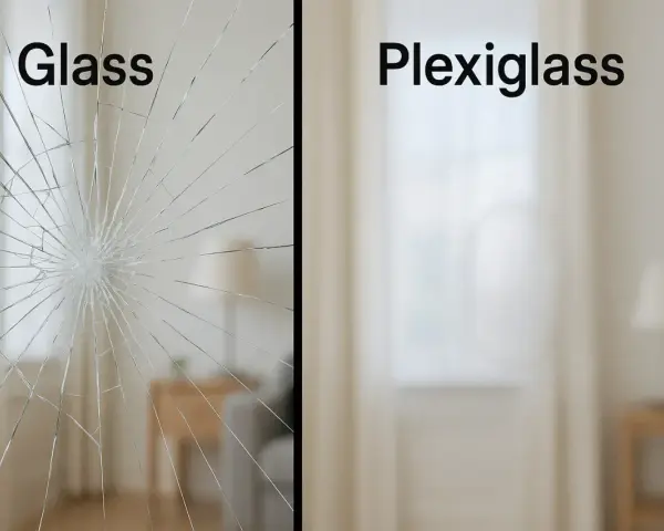 Split image shows cracked glass on left, and intact plexiglass on right. Considering plexiglass for a window?