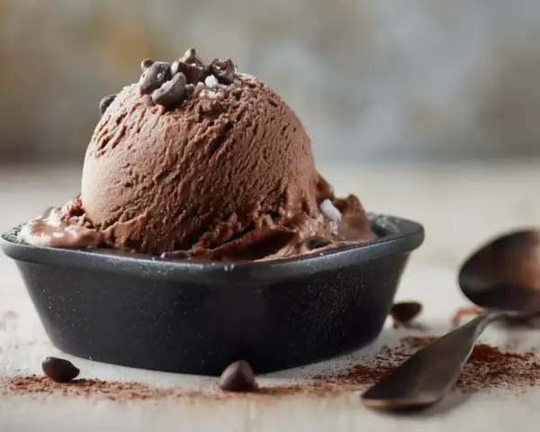 Ein Löffel Simons Eis, schokoladig und cremig, wartet neben Kakaopulver und Schokostückchen auf den Genuss.