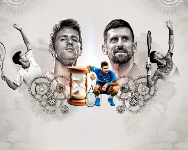 Novak Djokovic, con su mirada intensa, rodeado de engranajes y un reloj de arena, evoca la pregunta: ¿cuántos Roland Garros tiene Djokovic?