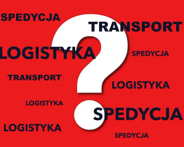 Biały znak zapytania na czerwonym tle otoczony słowami: logistyka, spedycja, transport.