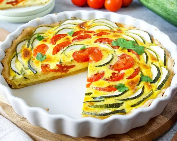 Eine köstliche Zucchini-Quiche mit Tomaten und frischer Petersilie, in einer weißen Quicheform serviert.