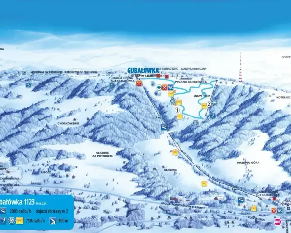 Mapa narciarska Gubałówki z trasami, wyciągami i atrakcjami. Widoczny Snow Park i punkty gastronomiczne.