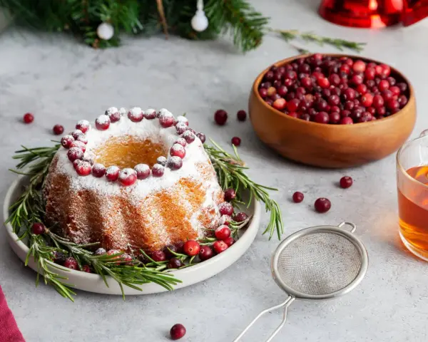 En vackert dekorerad sockerkaka med lingon och rosmarin, perfekt för julfika tips. En skål med lingon och en kopp te fullbordar julstämningen.