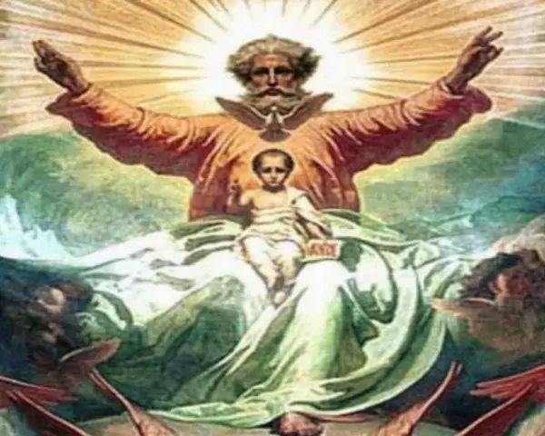 Trójca Święta: Ojciec z gołębicą Ducha Świętego, Syn jako Dzieciątko Jezus, otoczeni boskim światłem i aniołami.