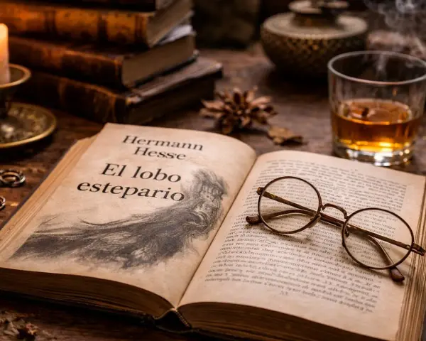 Un libro abierto con el título "El lobo estepario" y unas gafas encima. A su lado, un vaso de whisky y velas, evocando la atmósfera de la obra.