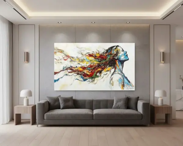 Portrait abstrait d'une femme sur une toile matière, ses cheveux multicolores s'envolent dans un tourbillon de couleurs vives.