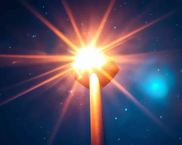 Un lampione illumina la notte stellata con un abbaglio di luce arancione intenso.