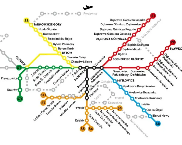 Mapa linii kolejowych Górnego Śląska, przedstawiająca pkp rozkład jazdy z zaznaczonymi stacjami i trasami.