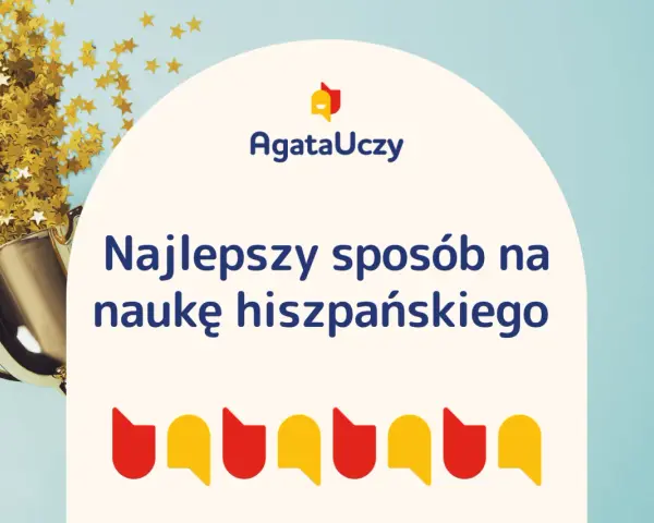 Złoty puchar i konfetti symbolizują sukces w nauce hiszpańskiego. "Najlepszy sposób na naukę hiszpańskiego" - pytania po hiszpańsku.