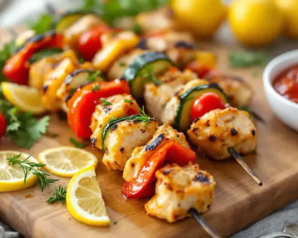 Délicieuses brochettes de poulet grillées avec des légumes colorés, des quartiers de citron et une sauce tomate.