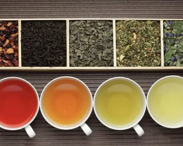 Six variétés de thés en vrac dans des compartiments, avec quatre tasses de thé infusé. Savoir combien de temps se conserve le thé en vrac est essentiel pour en apprécier la saveur.
