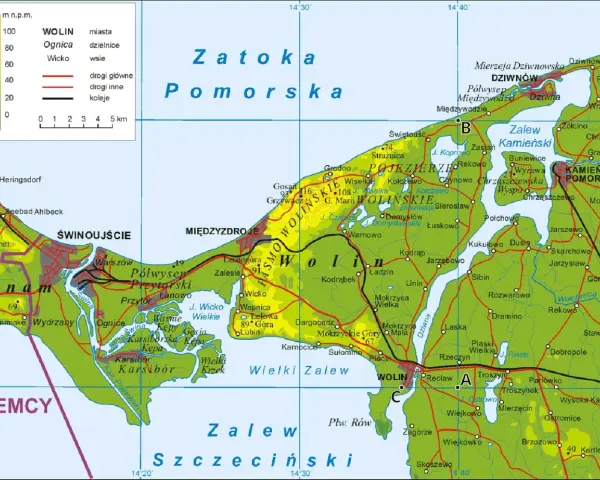 Mapa pokazuje, jak wyszukać miejsce po współrzędnych na Półwyspie Wolińskim.