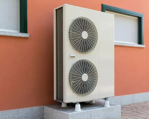 Unità esterna di una pompa di calore, con due ventole, montata su una base rialzata contro un muro arancione con finestre.