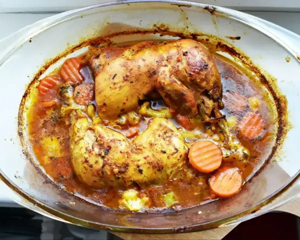 Pyszne, pieczone mięso z uda kurczaka w sosie z marchewką i ziołami, podane w szklanej brytfannie.