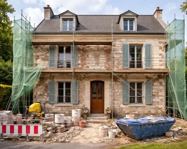 Façade maison en pierre en rénovation, échafaudages et bâches vertes protègent les travaux. Matériaux de construction et benne à gravats au premier plan.