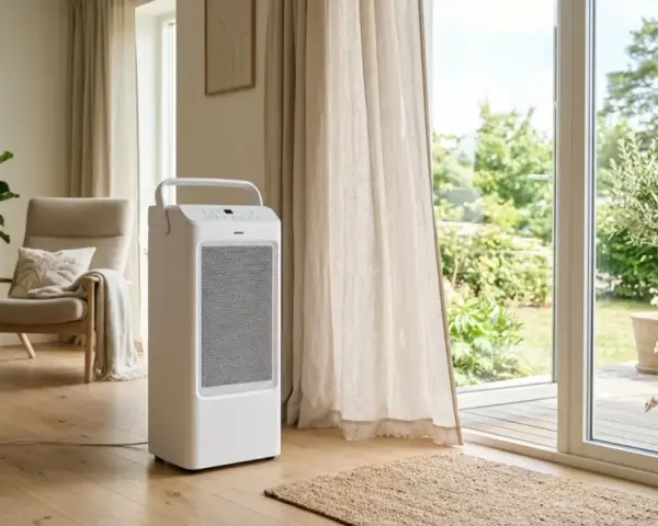 Climatizador blanco en salón moderno, mostrando la diferencia entre aire acondicionado y climatizador.