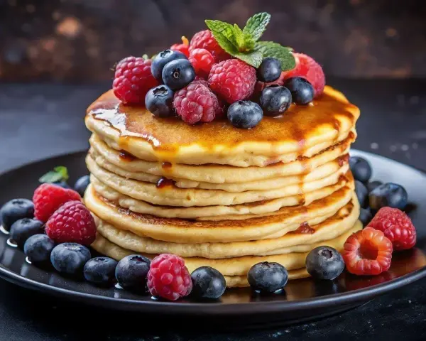 En hög med fluffiga pannkakor, toppad med färska bär och sirap. Perfekt för en mysig frukost, inspirerad av ett enkelt pannkakssmet recept.