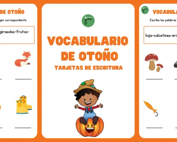 Tarjetas de escritura para aprender vocabulario de otoño: almendras, cesta, botas, girasoles, frutos, zorro, hoja, calcetines, erizo, paraguas, setas, bellota.