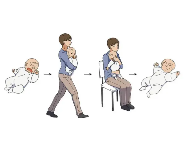 Ilustración muestra técnicas para dormir a un bebé: de llorar a ser acunado y luego dormido en brazos.