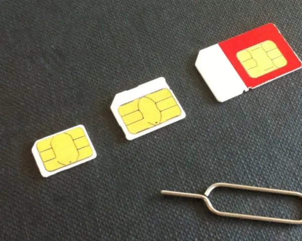 Tre schede SIM di diverse dimensioni, una rossa e bianca, e uno strumento per estrarre il **numero seriale SIM**.