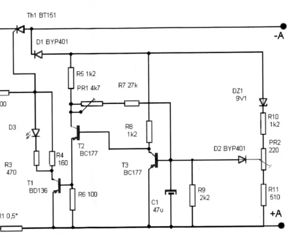 Schemat elektroniczny prostownika z elementami: tranzystory, diody, rezystory, kondensator.