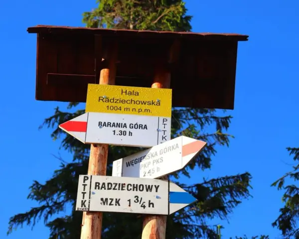 Droga na Halę Radziechowską, 1004 m n.p.m., prowadzi do Baraniej Góry (1.30 h) i Węgierskiej Górki (2.45 h).