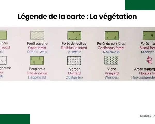 Légende de la carte : La végétation. Le **signification** des symboles pour forêts, landes, peupleraies, vergers, vignes et arbres remarquables.