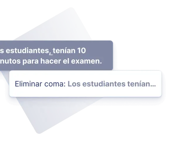 Texto para poner puntos y comas: "Los estudiantes tenían 10 minutos para hacer el examen." Se muestra cómo eliminar la coma.