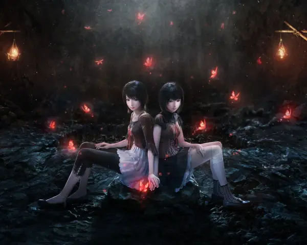 Dos chicas sentadas en una cueva oscura, rodeadas de mariposas rojas brillantes. Una escena evocadora del **Fatal Frame 2 remake**.