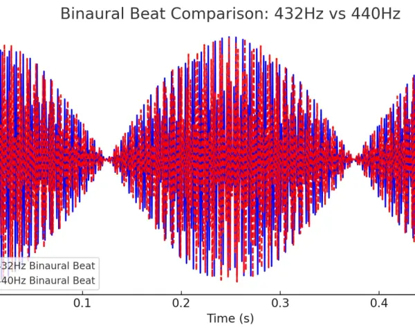 Wykres porównuje fale dźwiękowe 432 Hz i 440 Hz. Muzyka 432 Hz jest reprezentowana przez niebieską linię, a 440 Hz przez czerwoną.