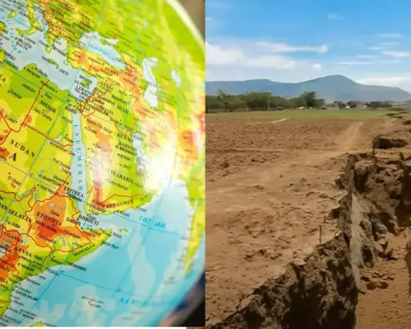 Mapa świata z zaznaczonym **Rów Afrykański** i jego krajobrazem.