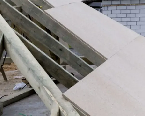 Konstrukcja dachu garażu z płyty OSB, widoczne drewniane krokwie i fragmenty pokrycia.