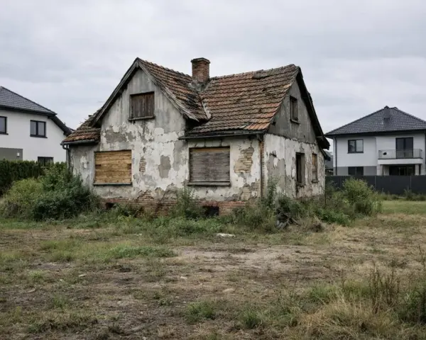 Zrujnowany dom, wpisany do rejestru zabytków, stoi pośród chwastów, otoczony nowoczesnymi budynkami.