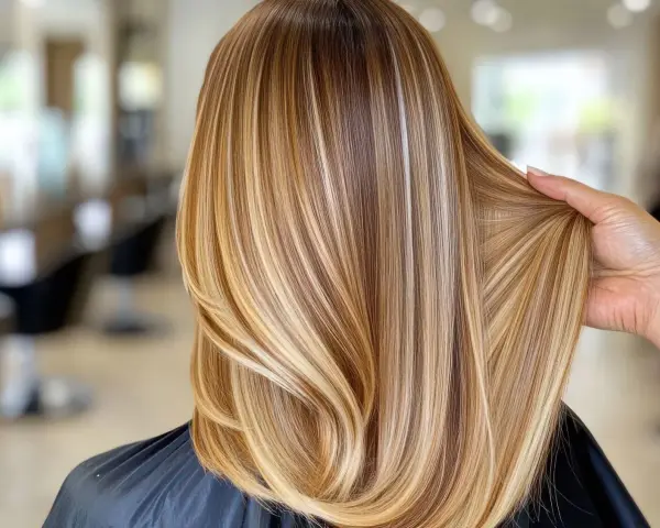 Piękne, długie włosy w odcieniu dirty blonde z subtelnymi refleksami, ułożone w fale.