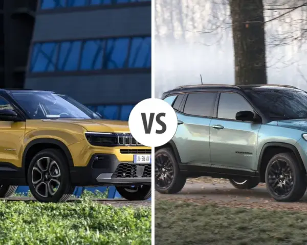Dwa jeep suv: żółty Avenger na tle budynku i błękitny Compass na tle zimowego krajobrazu.
