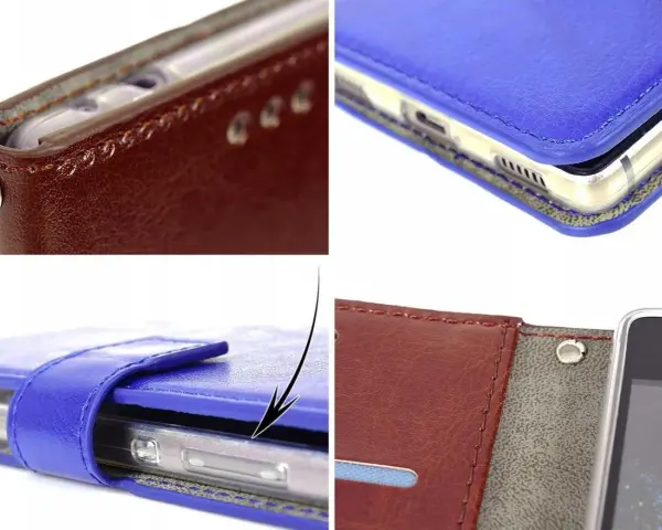 Eleganckie etui na telefon LG K51S z klapką, wykonane z brązowej i niebieskiej skóry ekologicznej.